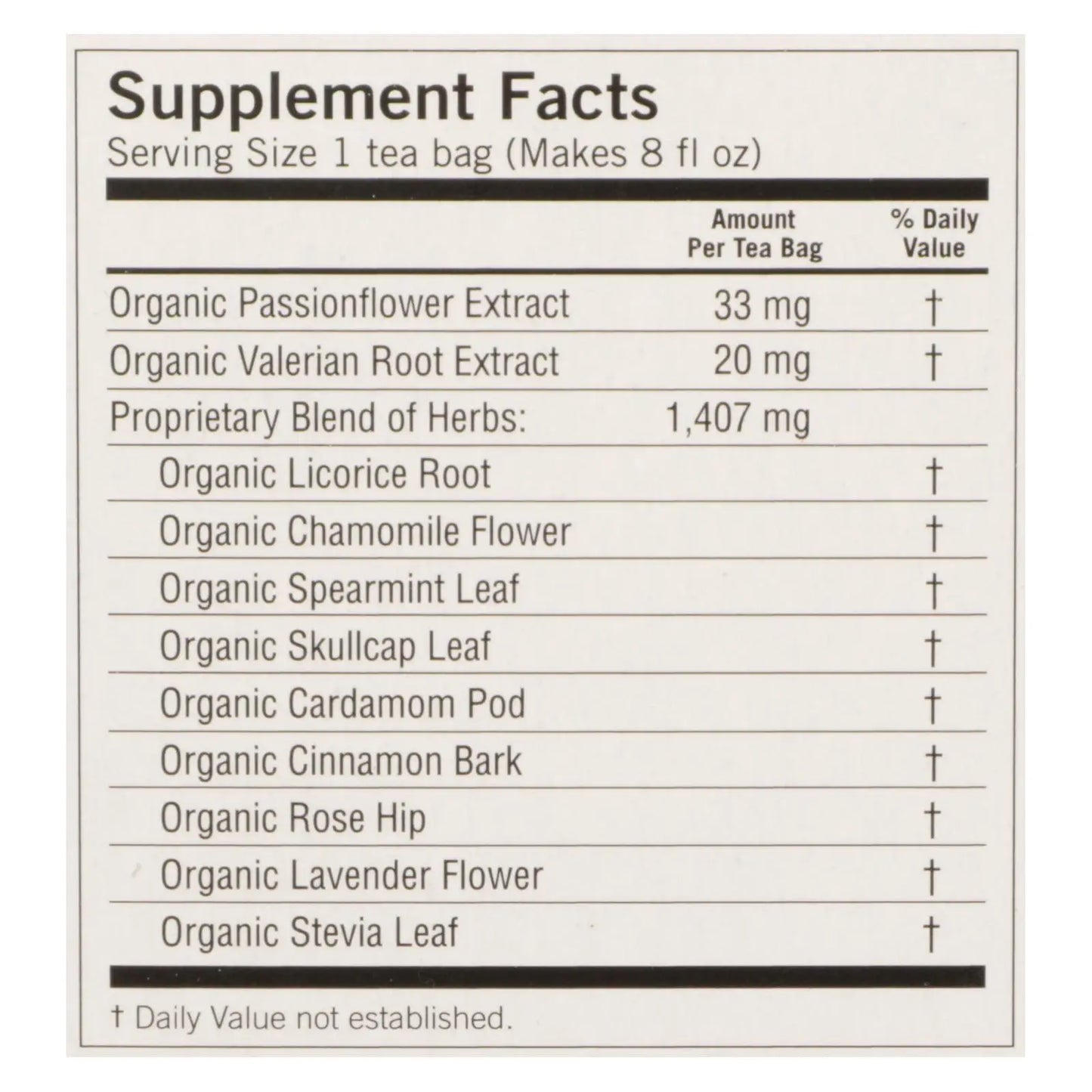 Supplement facts label for Sacred Self Wellness bedtime herbal tea caffeine free showing organic ingredients and amounts per tea bag