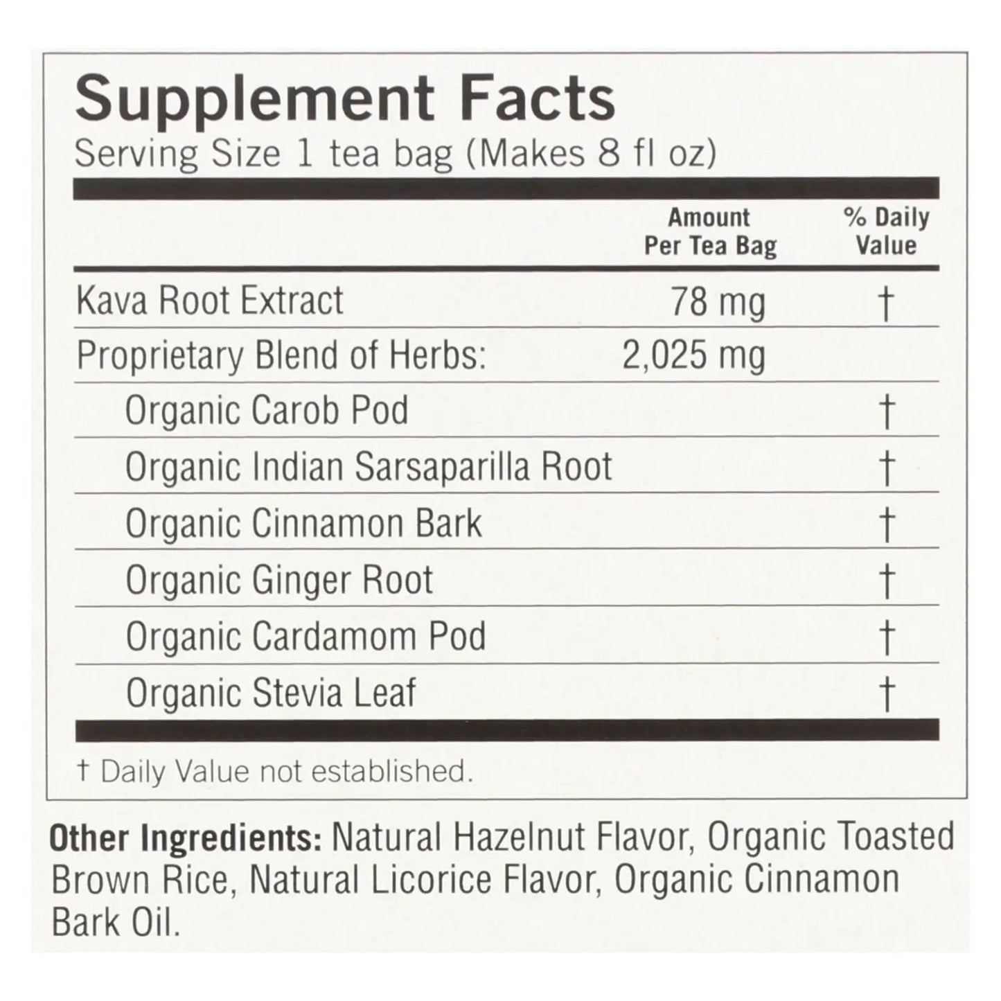 Supplement facts label for kava stress relief tea showing ingredients and herbal blend details