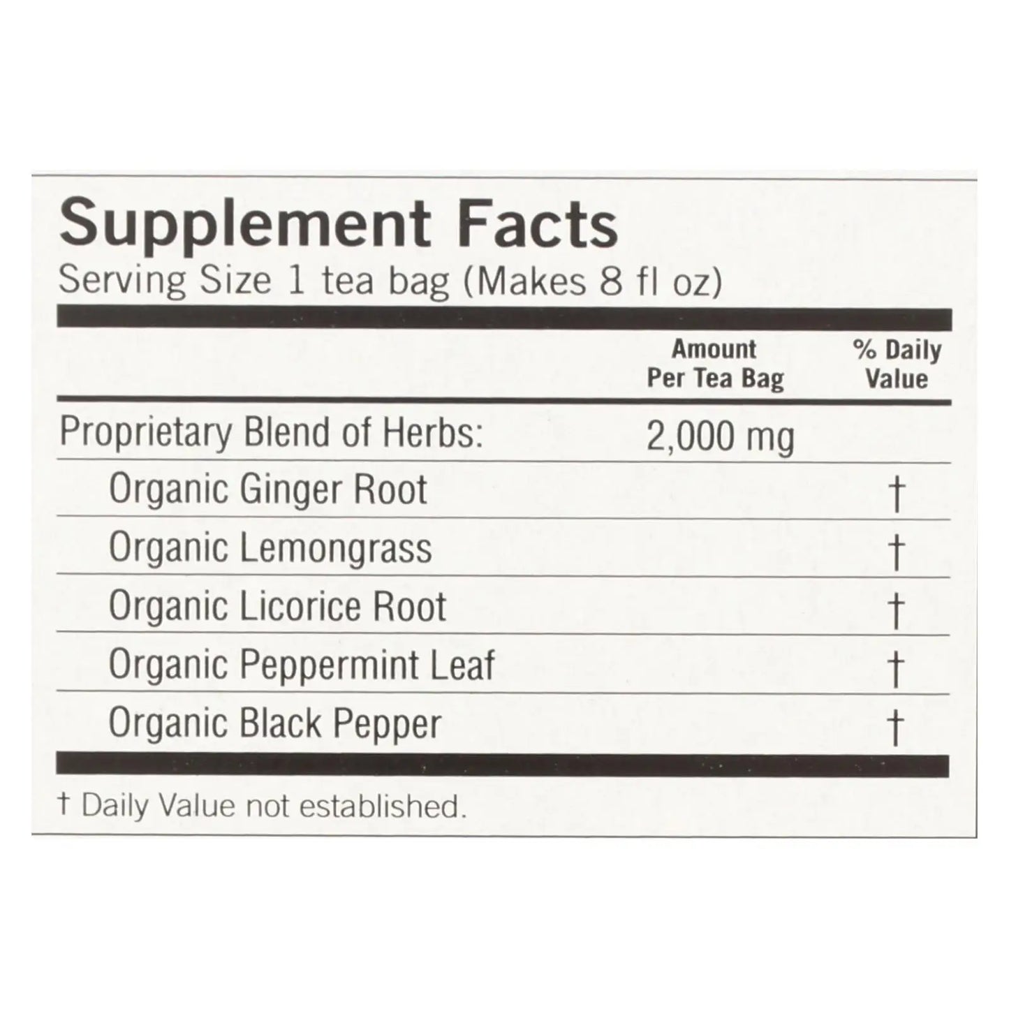 Supplement facts label listing organic ginger herbal tea ingredients including ginger root lemongrass licorice peppermint and black pepper