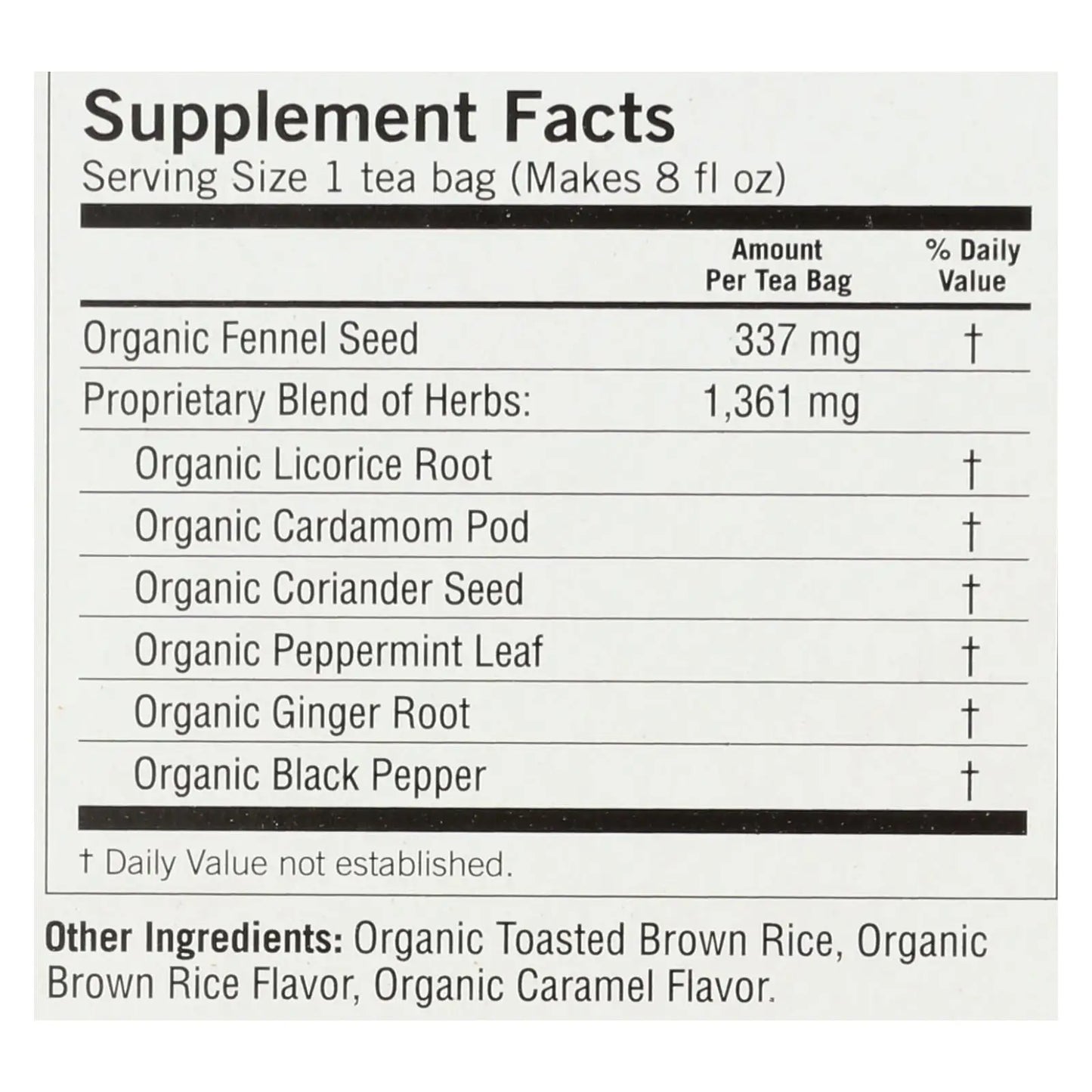 Supplement facts label for SACRED SELF WELLNESS organic stomach ease tea listing organic herbs and ingredients per tea bag