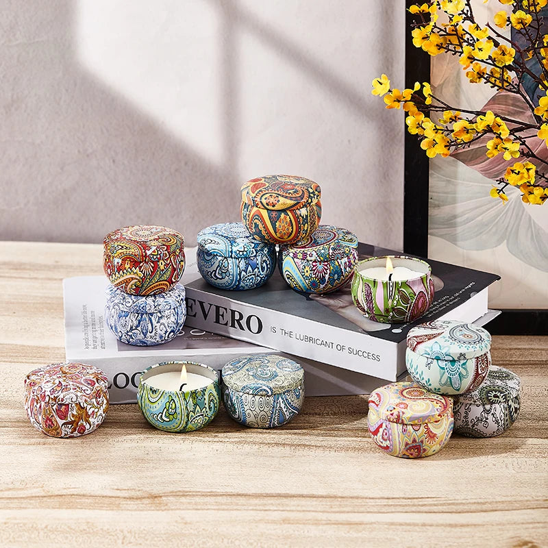 SACRED SELF WELLNESS soy scented candles gift set with colorful patterned containers on wooden table