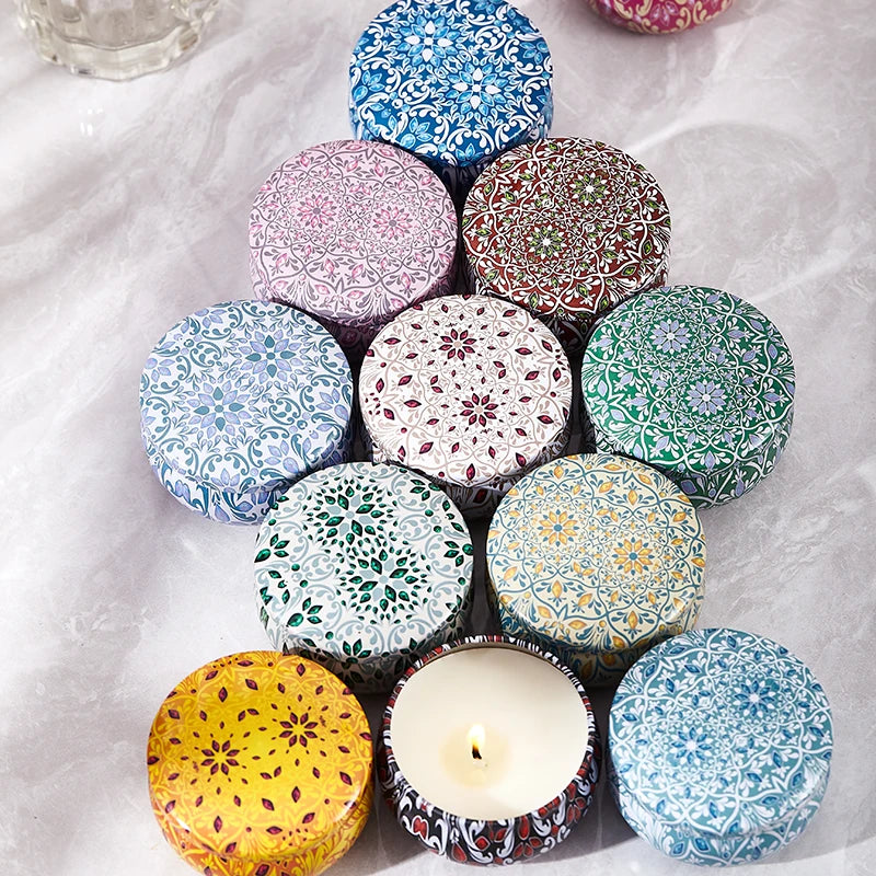 Soy scented candles gift set from SACRED SELF WELLNESS with decorative multicolored patterned tins