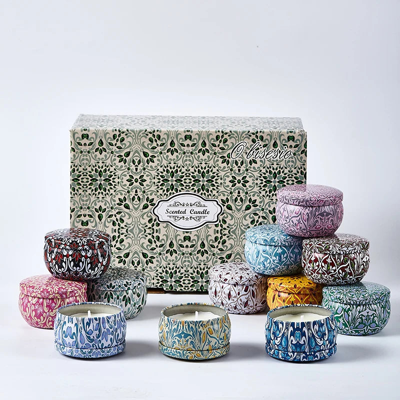 Sacred Self Wellness soy scented candles gift set with colorful decorative tins and patterned box