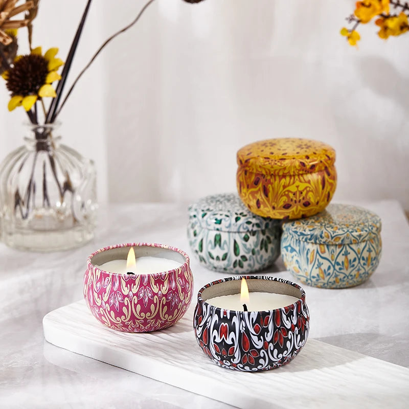Colorful soy scented candles gift set with ornate patterned jars from Sacred Self Wellness