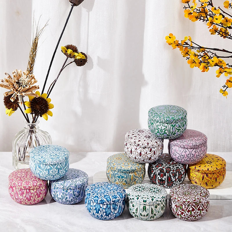 Colorful soy scented candles gift set by SACRED SELF WELLNESS in decorative patterned tins