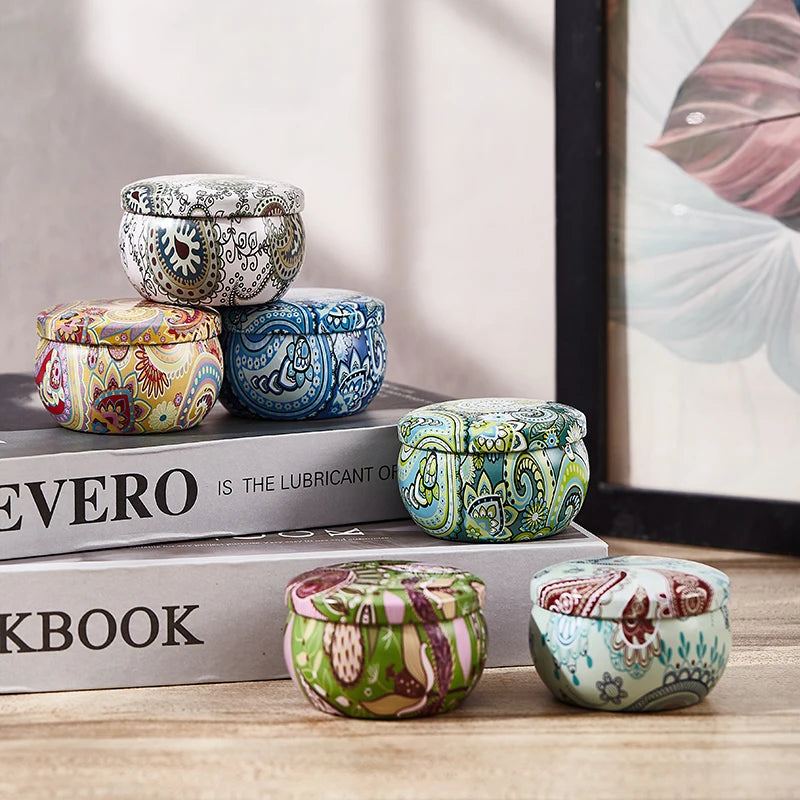 SACRED SELF WELLNESS soy scented candles gift set with colorful patterned containers displayed on wooden surface