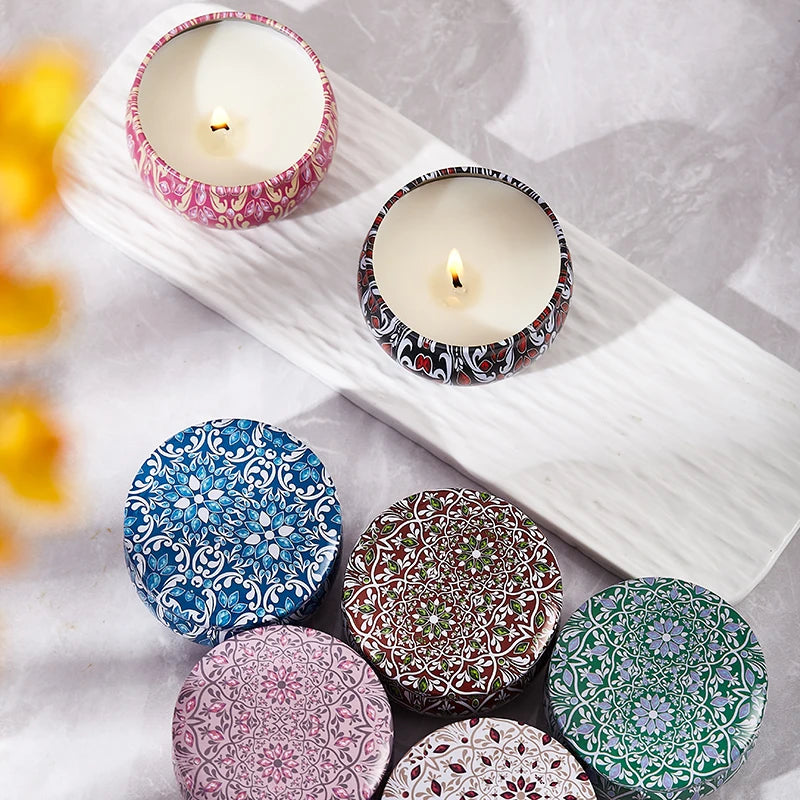 SACRED SELF WELLNESS soy scented candles gift set with colorful patterned tins on white tray