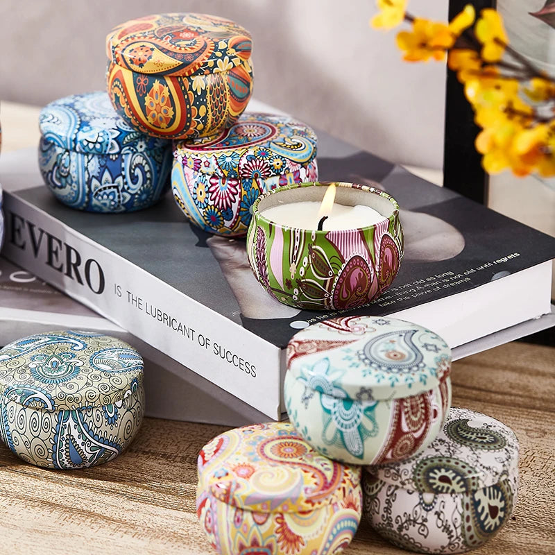 SACRED SELF WELLNESS soy scented candles gift set with colorful patterned tins arranged on a table and book