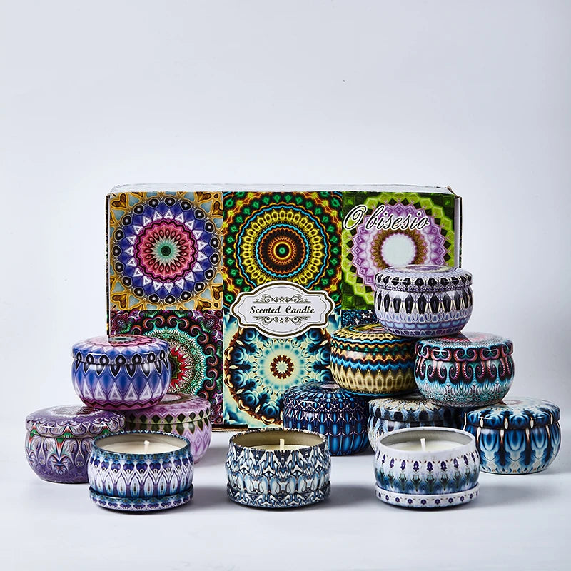 SACRED SELF WELLNESS soy scented candles gift set with colorful patterned ceramic holders in decorative box
