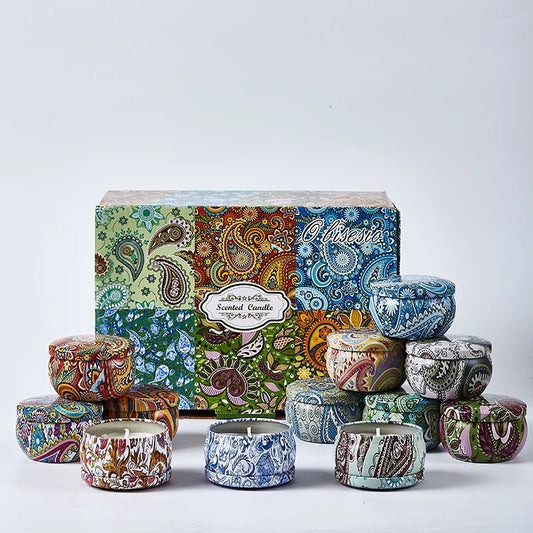 SACRED SELF WELLNESS soy scented candles gift set with colorful patterned containers and decorative box