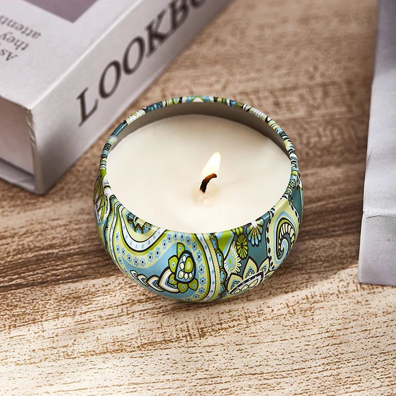 Sacred Self Wellness soy scented candles gift set with decorative patterned candle in tin