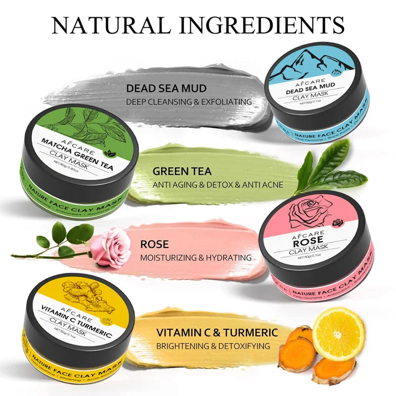 Clay facial mask set with Dead Sea Mud, Matcha Green Tea, Rose, and Vitamin C Turmeric for skincare