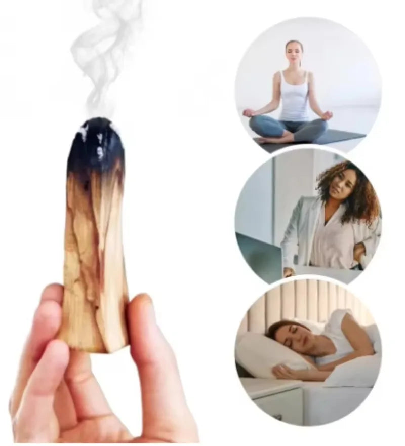 Hand holding a burning palo santo incense sticks with smoke and images of meditation relaxation and sleep