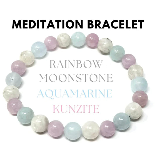 Rainbow moonstone aquamarine kunzite crystal bracelet for mindfulness practice meditation bracelet
