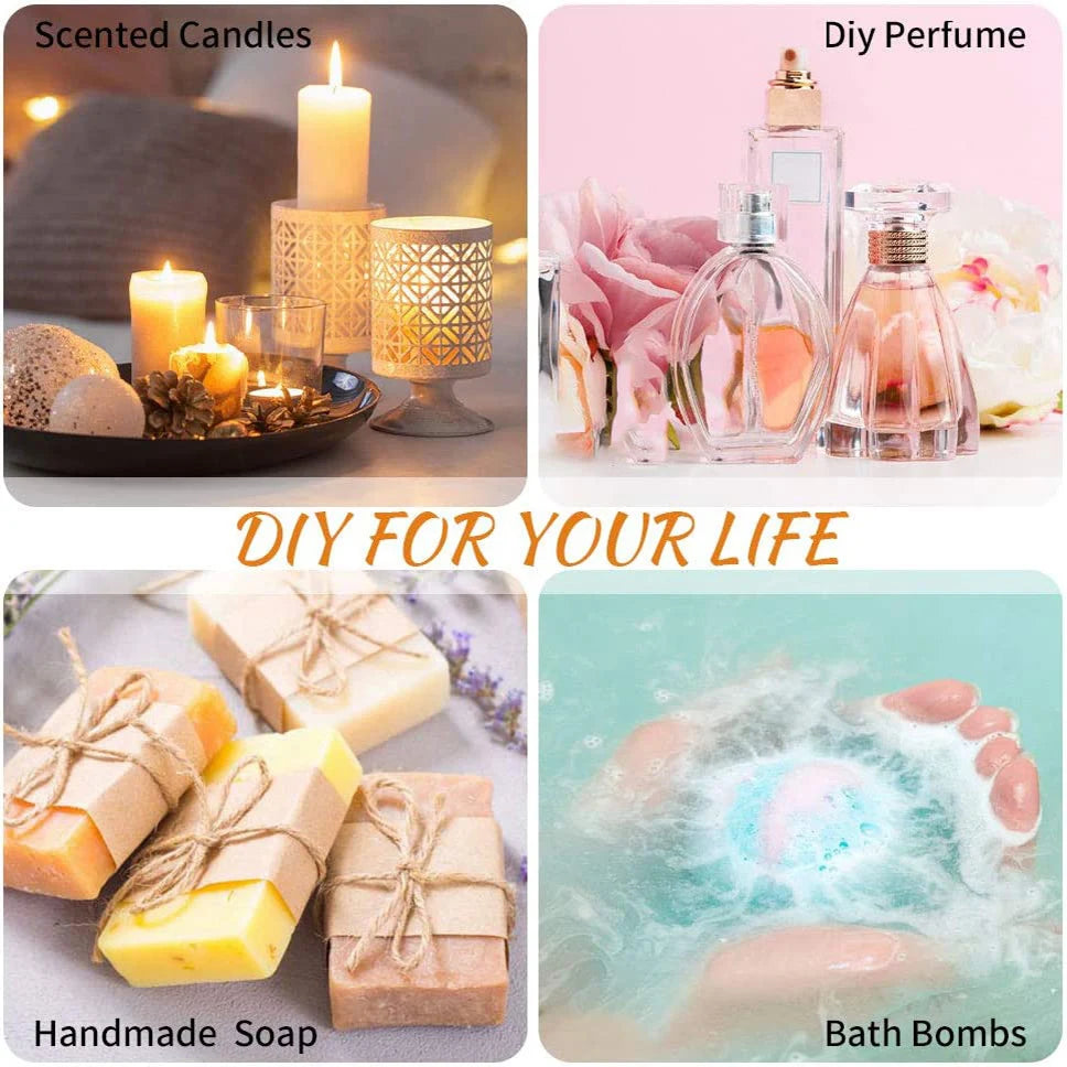Collage showing scented candles, diy perfume bottles, handmade soap, and bath bombs for diy candle fragrance oil 10ml