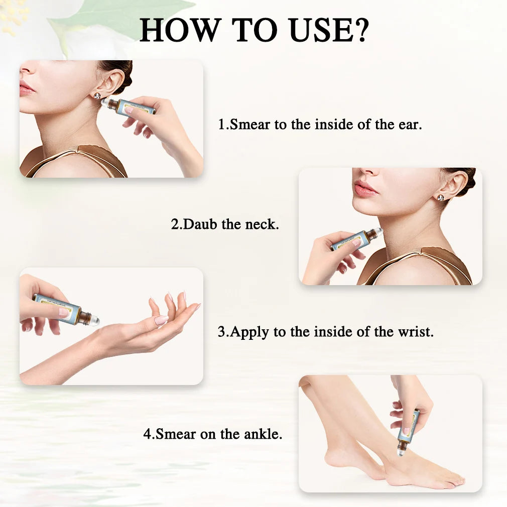 Step by step instructions showing how to use DIY candle fragrance oil 10ml on ear, neck, wrist, and ankle