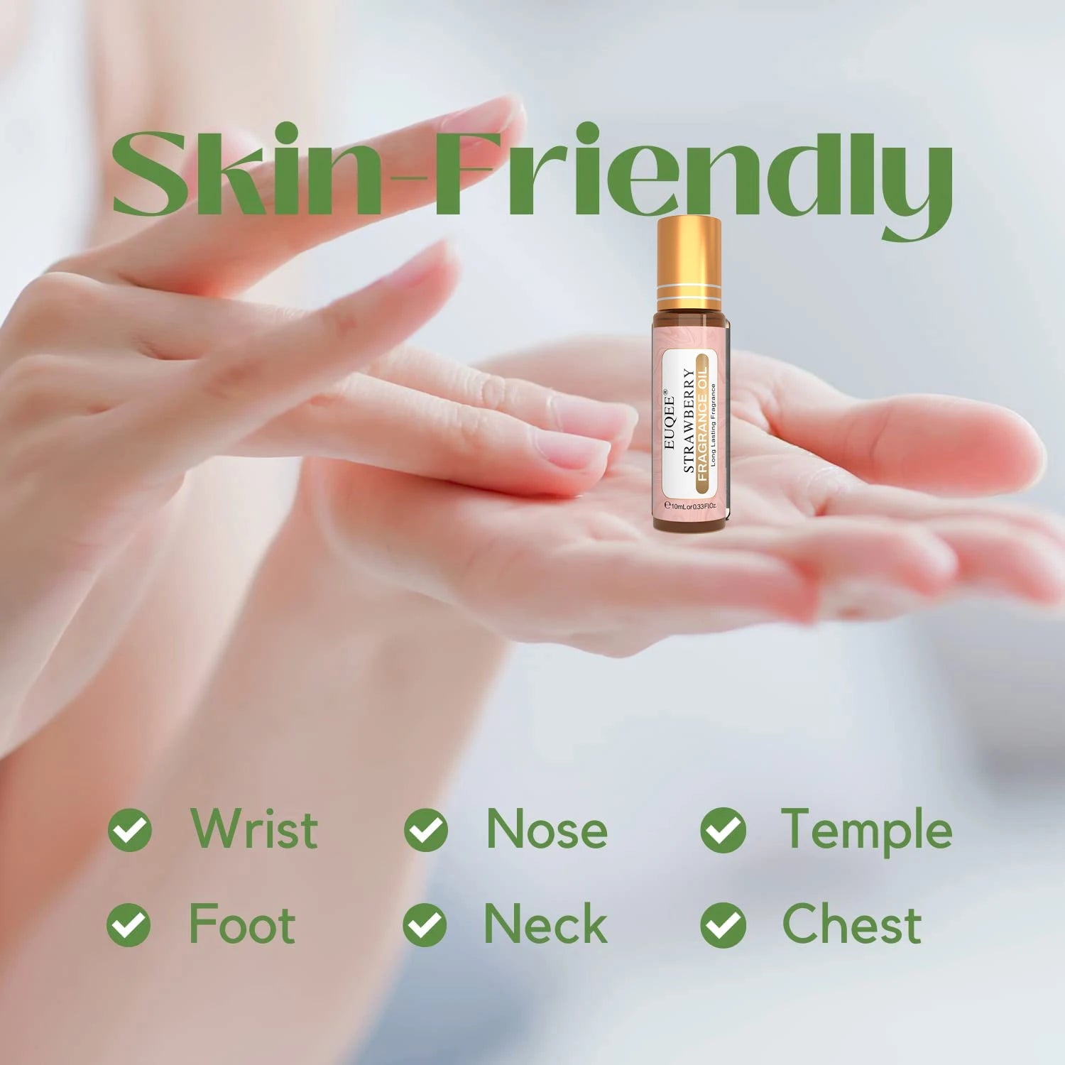 Skin-friendly DIY candle fragrance oil 10ml bottle with hands showing safe application areas