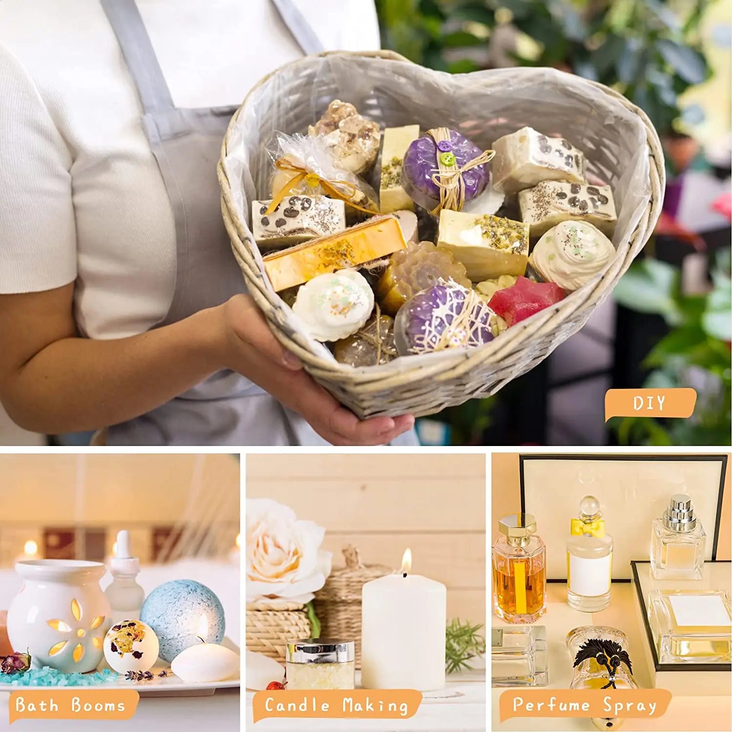 Heart-shaped basket of assorted handmade soaps and candle making supplies including DIY candle fragrance oil 10ml