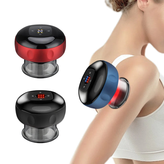 Electric vacuum cupping massager in red, black, and blue colors shown on arm and separately