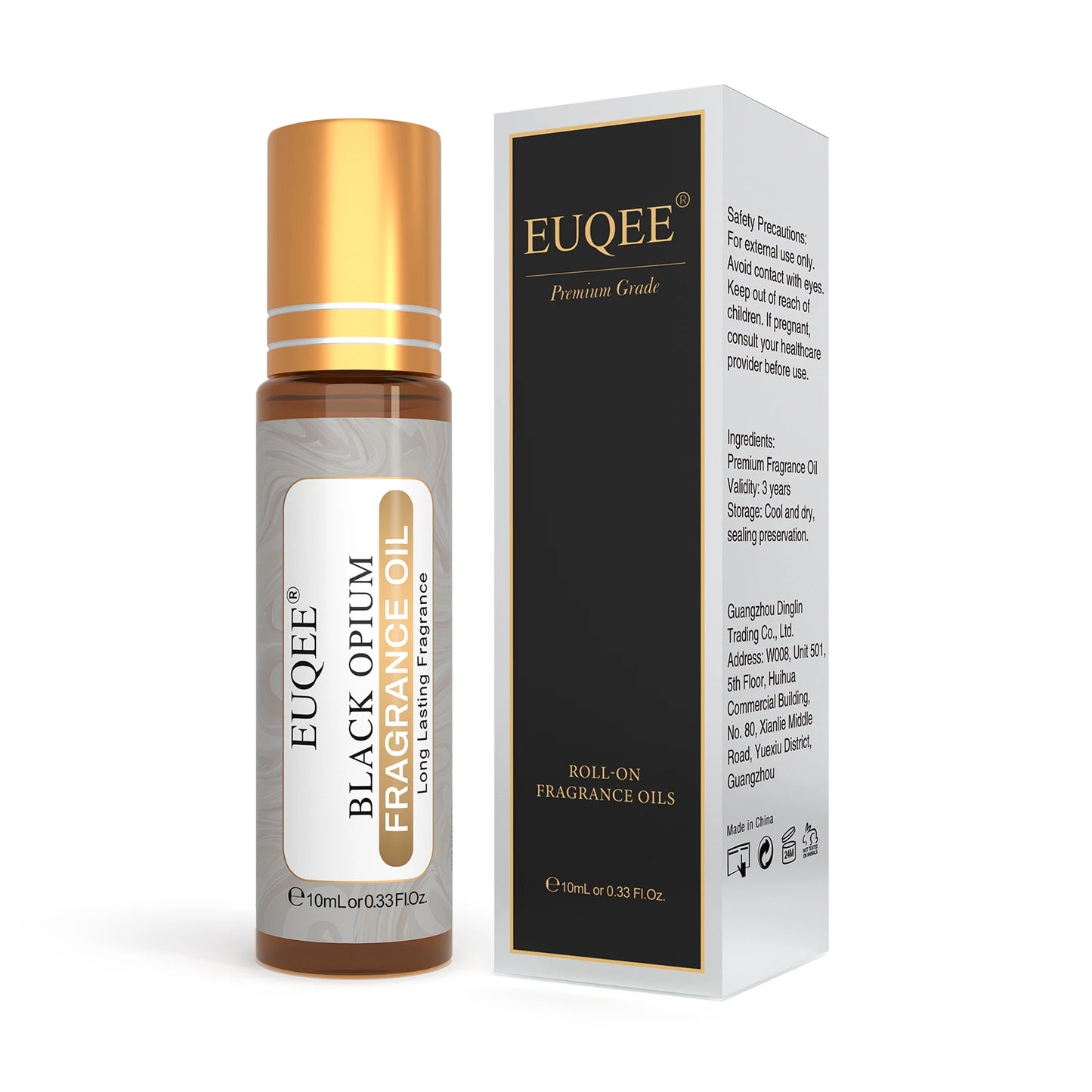 EUQEE Black Opium roll-on DIY candle fragrance oil 10ml with premium scent in brown and gold bottle