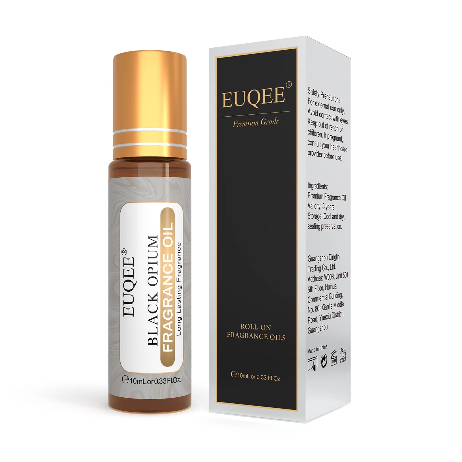 EUQEE Black Opium roll-on DIY candle fragrance oil 10ml with premium scent in brown and gold bottle