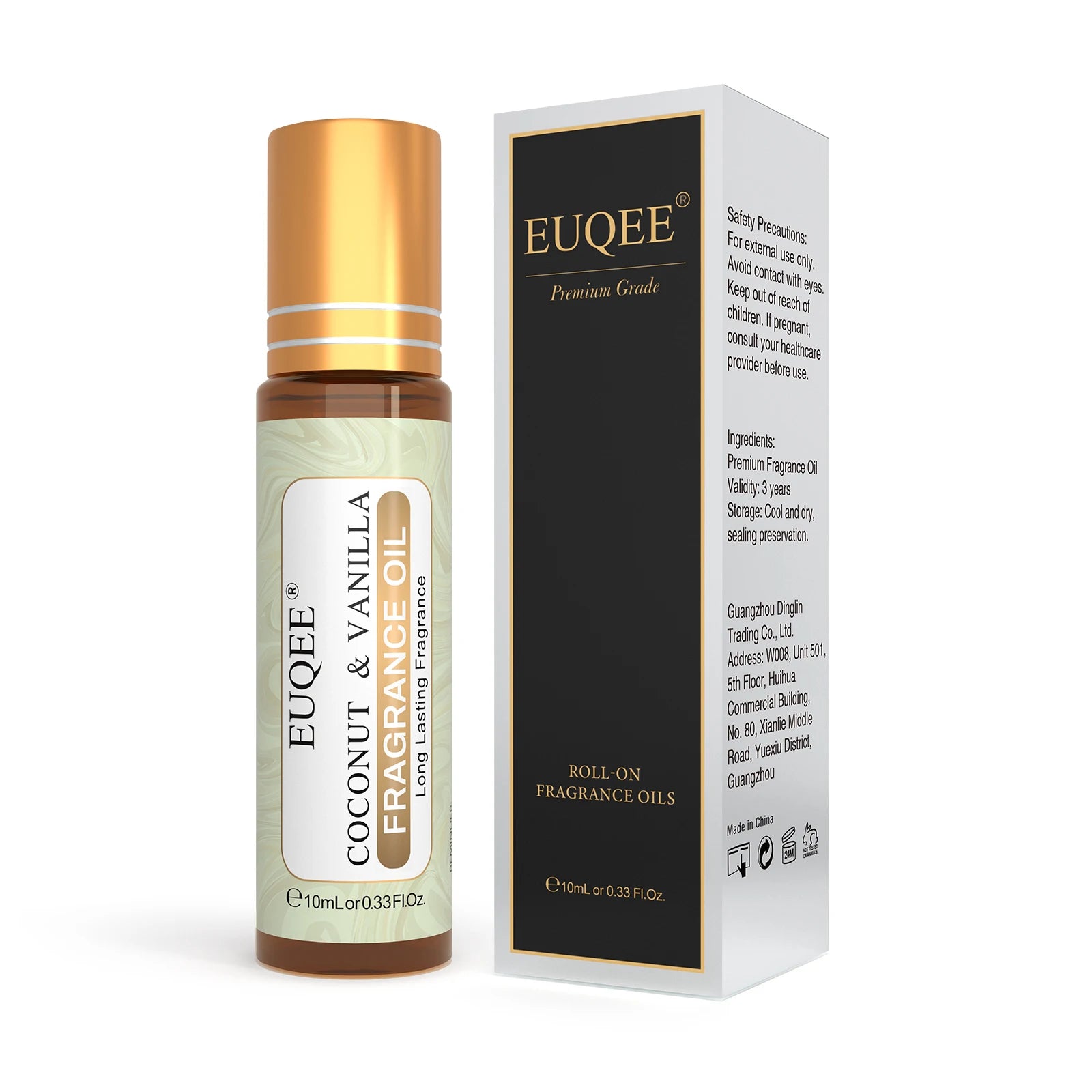EUQEE coconut and vanilla DIY candle fragrance oil 10ml roll-on bottle with packaging box