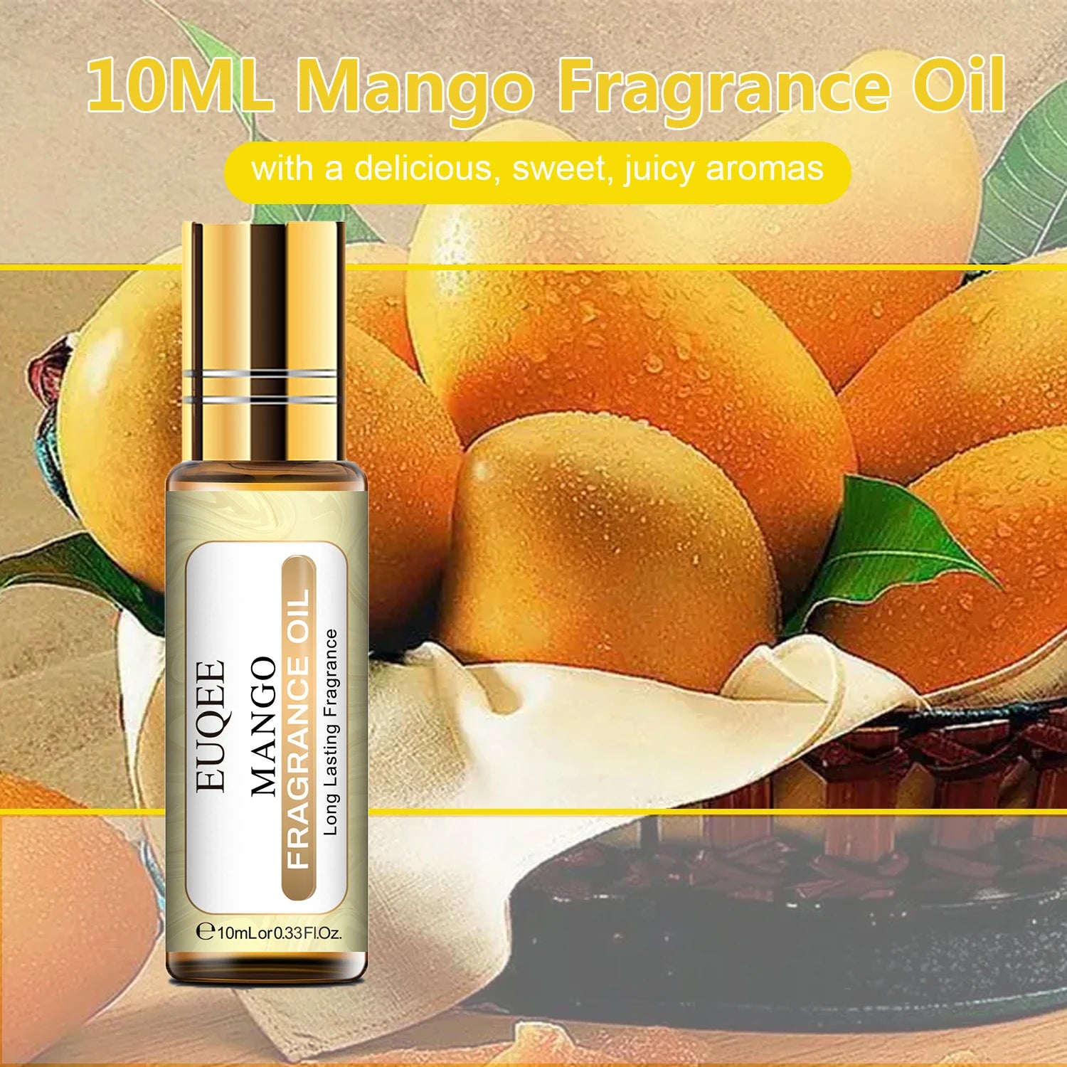 DIY candle fragrance oil 10ml mango scent bottle with fresh mango fruits in background