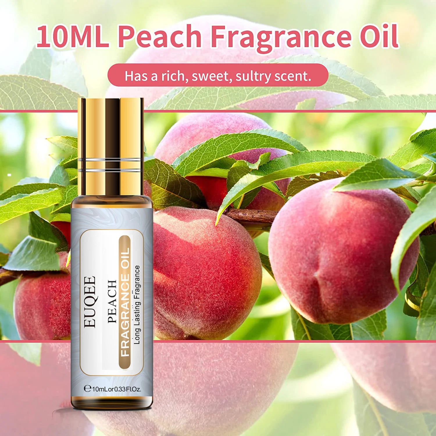 10ml peach DIY candle fragrance oil bottle with gold cap and fresh peaches in the background