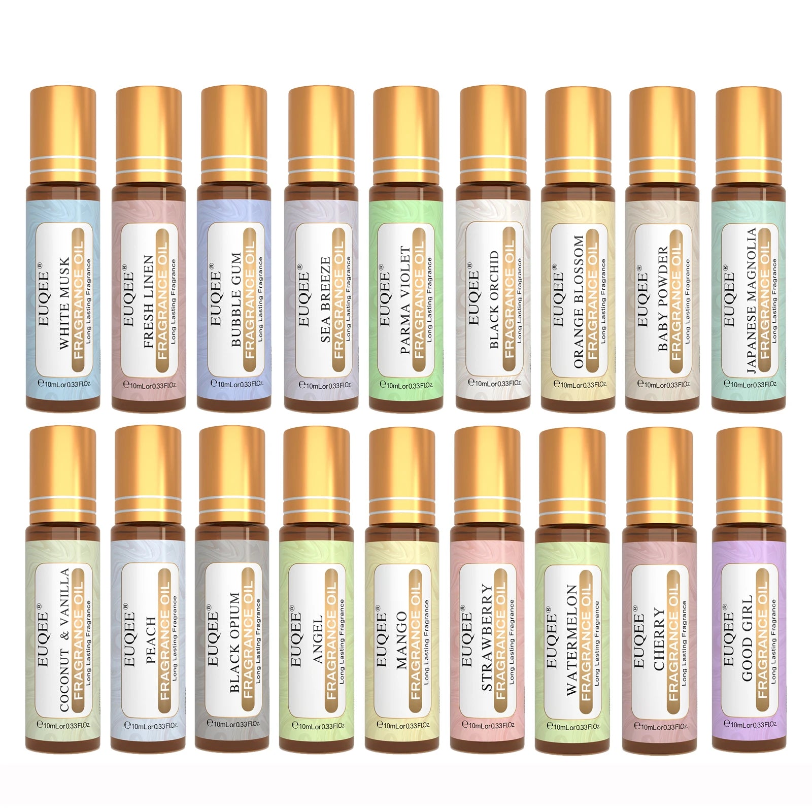 Set of 18 DIY candle fragrance oil 10ml bottles with various scents and gold caps