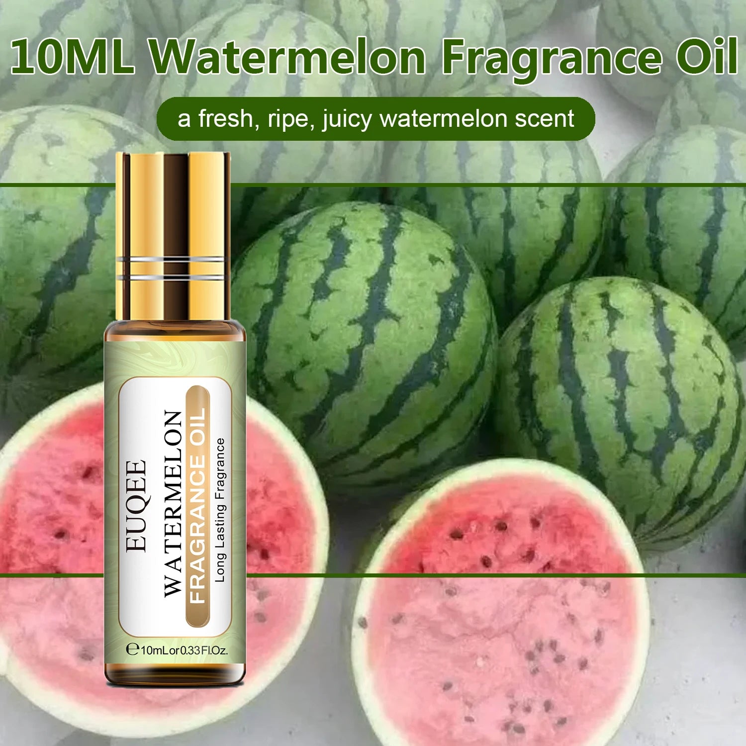 10ml bottle of DIY candle fragrance oil 10ml with watermelon scent and fresh watermelon background