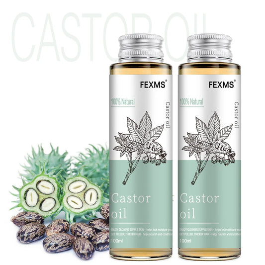 Natural oils bundle for massage with two 100ml bottles of FEXMS castor oil and castor seeds
