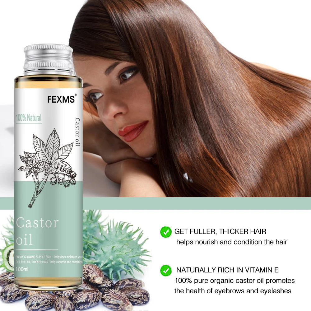 Natural oils bundle for massage featuring FEXMS castor oil bottle with nourishing benefits for hair and skin