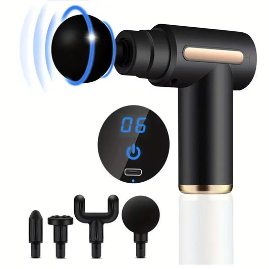 SACRED SELF WELLNESS portable massage gun in black with digital display and four interchangeable massage heads