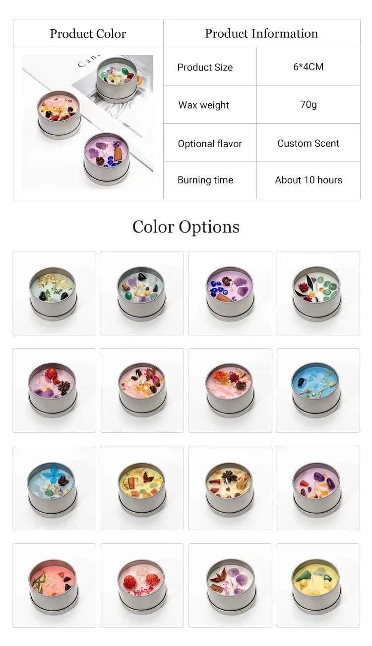 Assorted scented candle with dried flowers in small tin containers showcasing various colors and floral designs