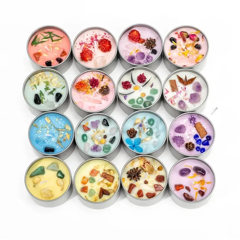 Collection of colorful scented candle with dried flowers in round tins arranged in rows