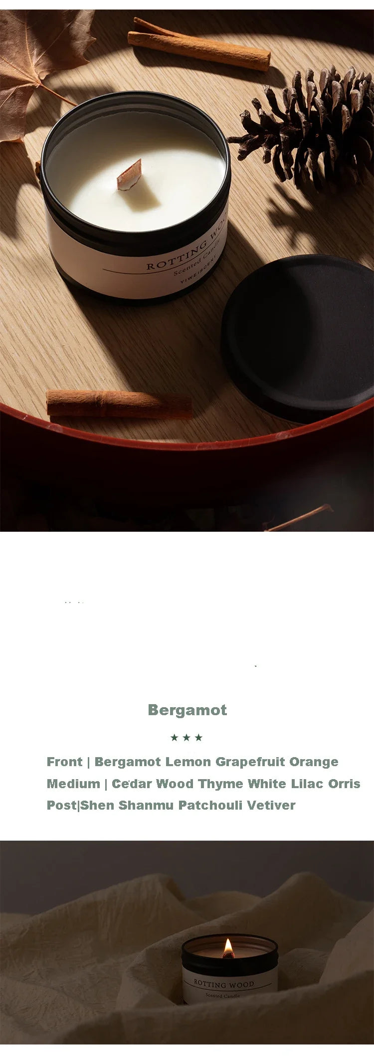 Scented candle with dried flowers in black container featuring bergamot and cedar wood scents