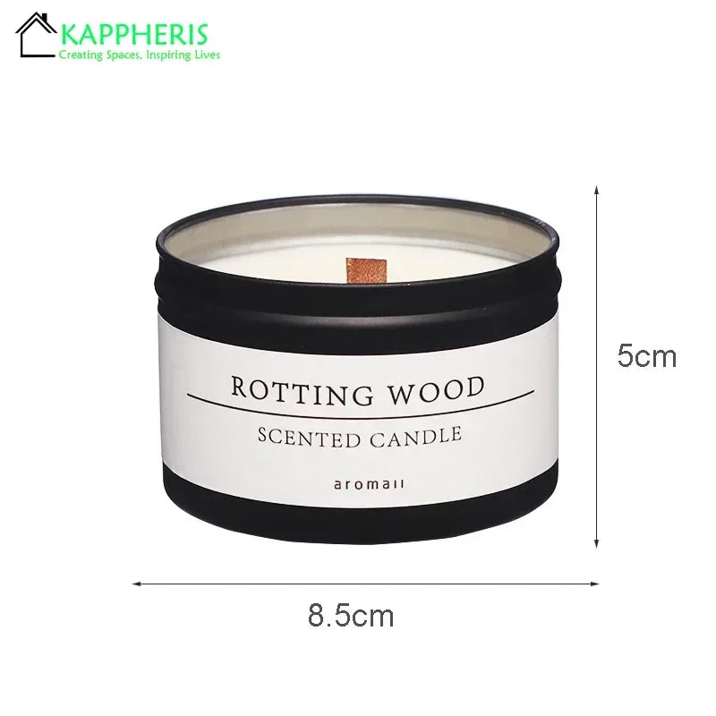 Scented candle with dried flowers in black tin container labeled Rotting Wood from My Store