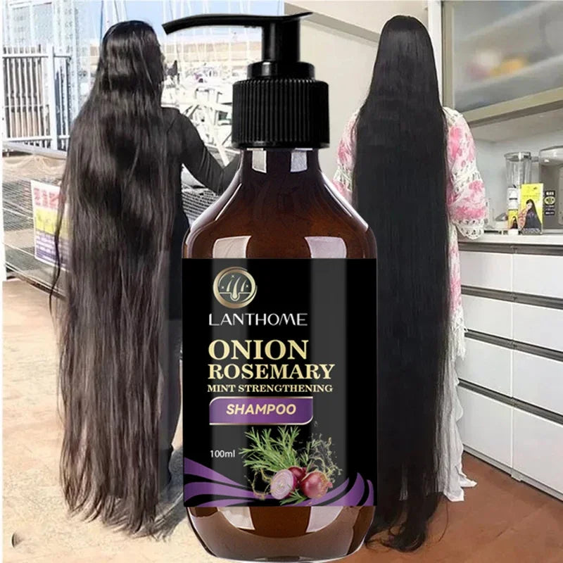 Sacred Self Wellness rosemary onion hair growth shampoo bottle with images of long healthy hair
