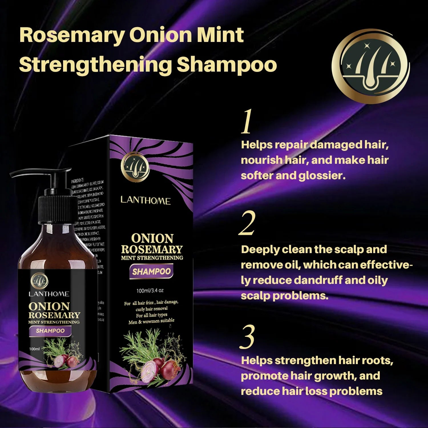 Rosemary onion hair growth shampoo bottle and packaging by Lanthome for stronger, healthier hair