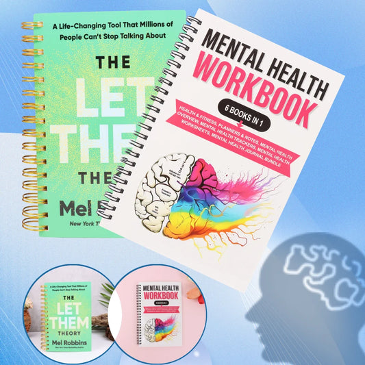 Let Them Theory book Mel Robbins with Mental Health Workbook featuring brain illustration and colorful design