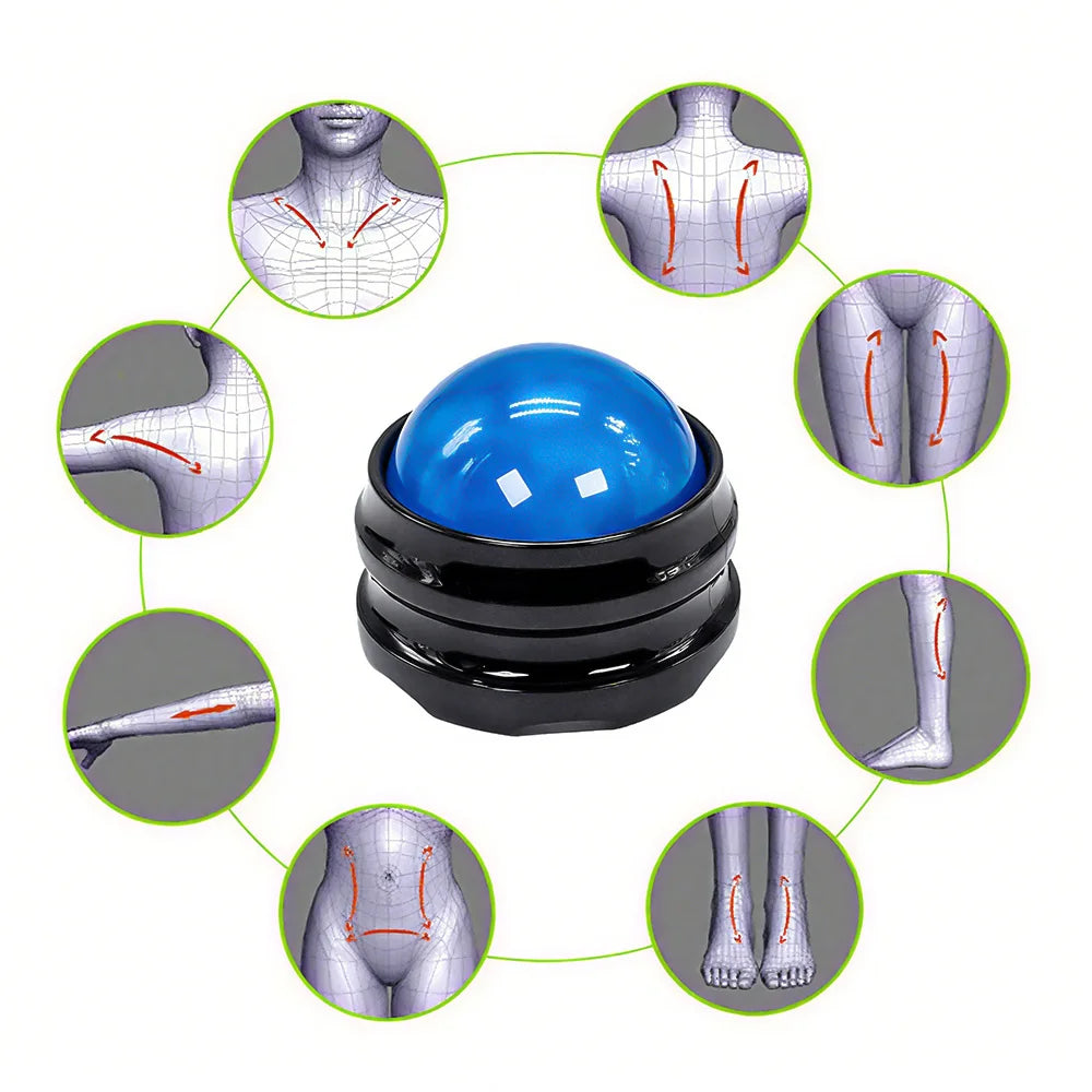 Sacred Self Wellness massage roller ball for muscle relaxation with blue ball and black base showing use on different body areas