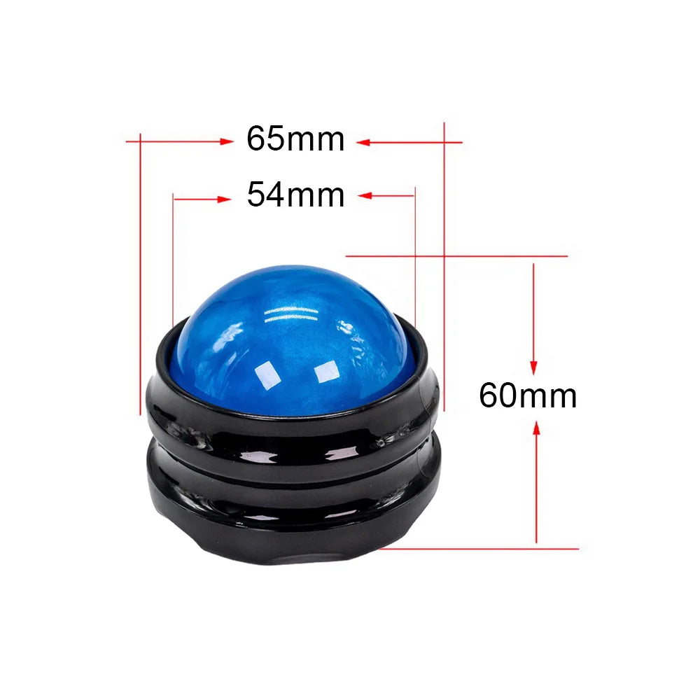 Blue massage roller ball for muscle relaxation with black base and size measurements