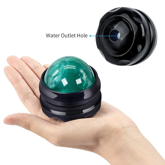 Massage roller ball for muscle relaxation with green stone ball and black water outlet hole held in hand