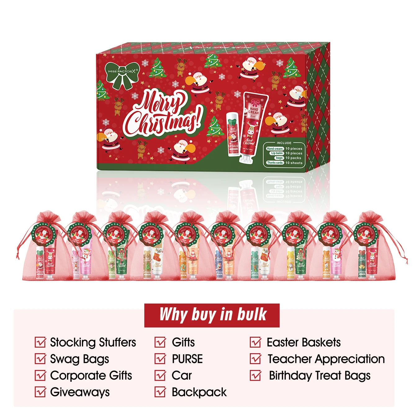 Christmas hand cream and lip balm gift set by Sacred Self Wellness in festive red packaging with multiple mini gift bags