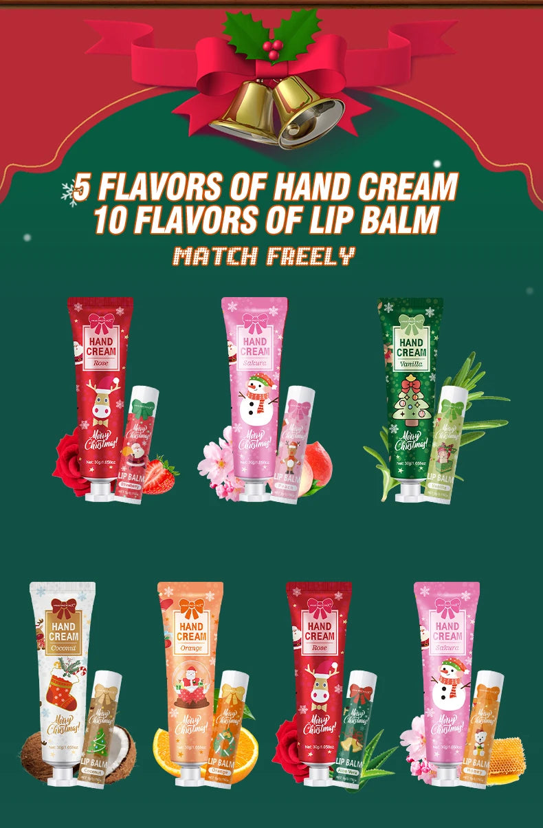 Christmas hand cream and lip balm gift set with 5 hand cream flavors and 10 lip balm flavors in festive holiday packaging