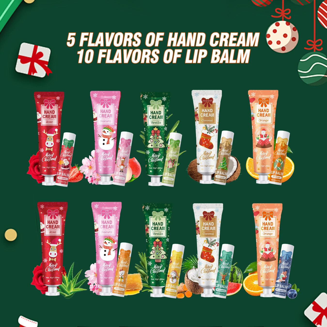 Christmas hand cream and lip balm gift set by SACRED SELF WELLNESS with 5 hand cream and 10 lip balm flavors