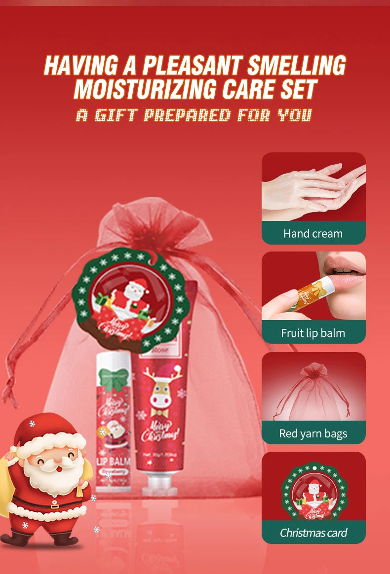 Christmas hand cream and lip balm gift set by SACRED SELF WELLNESS with holiday packaging and red yarn bag