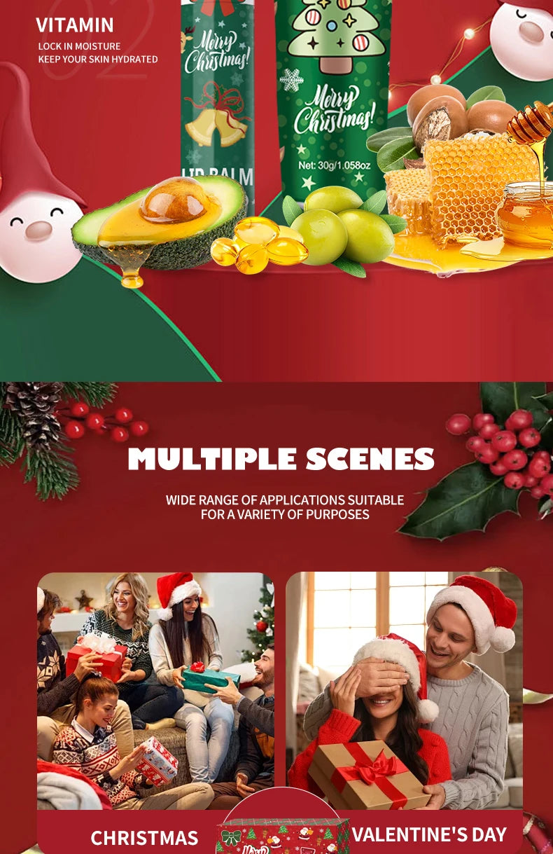 Christmas hand cream and lip balm gift set by Sacred Self Wellness with holiday-themed packaging and natural ingredients