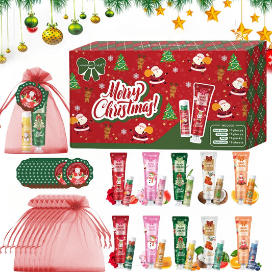 Sacred Self Wellness Christmas hand cream and lip balm gift set with festive packaging and multiple scented tubes