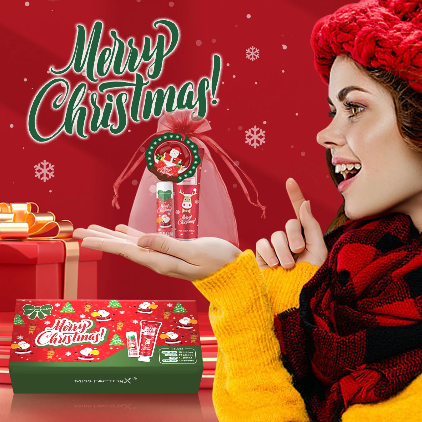Christmas hand cream and lip balm gift set by SACRED SELF WELLNESS held by woman wearing red hat and scarf